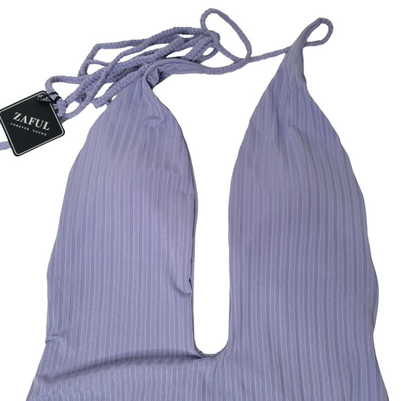 NWT Zaful Deep V Ribbed Swimsuit Sexy One Piece Lilac Pastel Medium Open Back - Picture 3 of 10